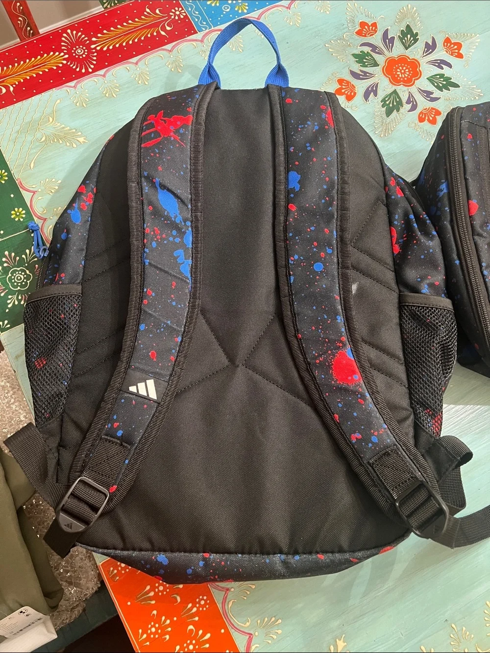 adidas Black Backpack with Red & Blue Paint Splatter